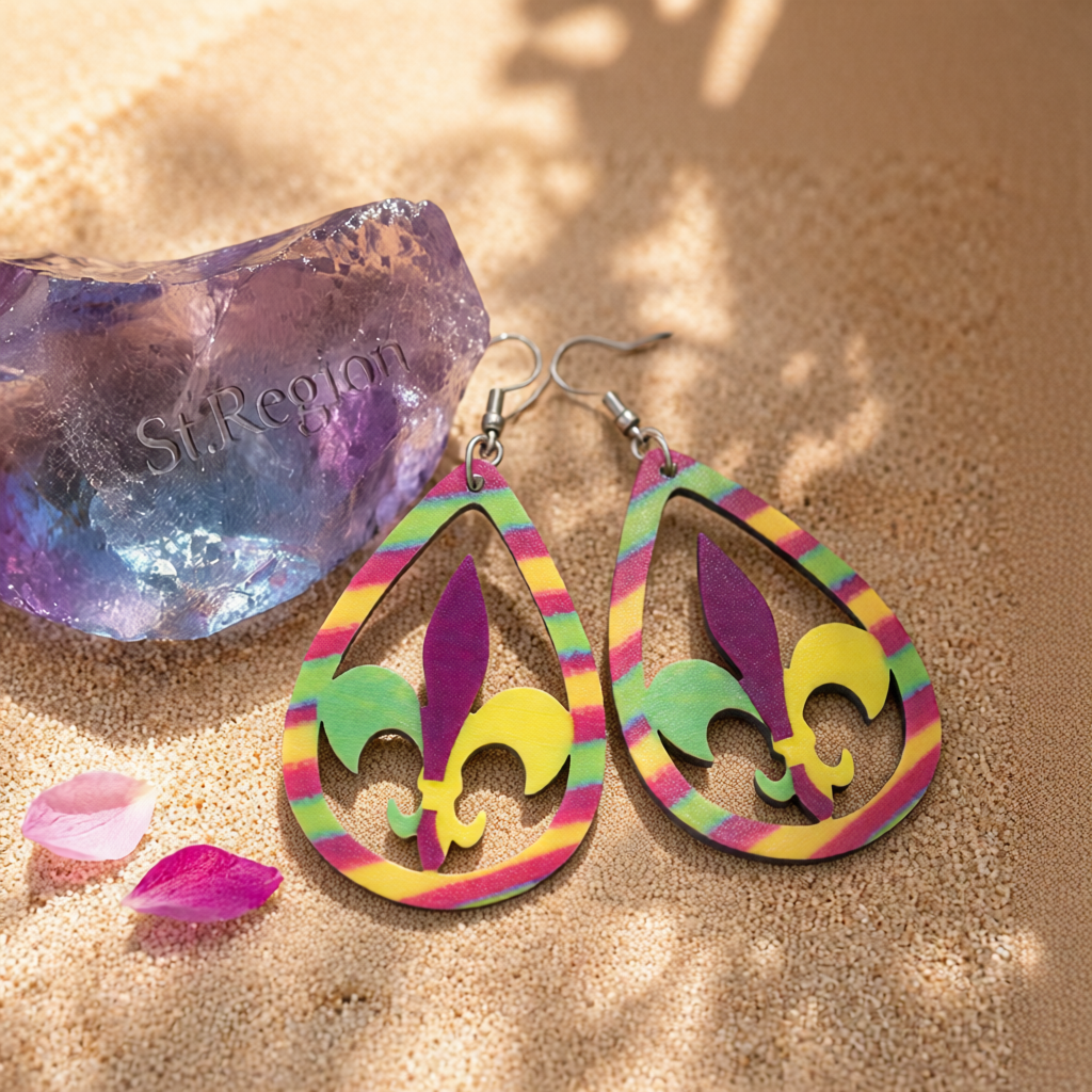 Yellow & Purple Fleur-De-Lis Stripe Drop Earrings