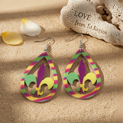 Yellow & Purple Fleur-De-Lis Stripe Drop Earrings