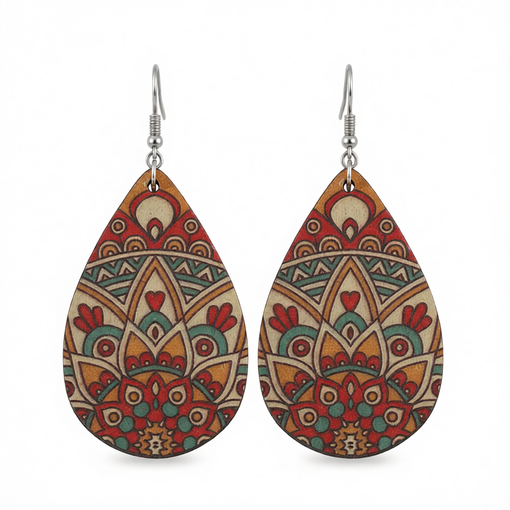Red Wood & Silver-Plated Botanical Wood Drop Earrings