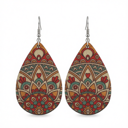 Red Wood & Silver-Plated Botanical Wood Drop Earrings