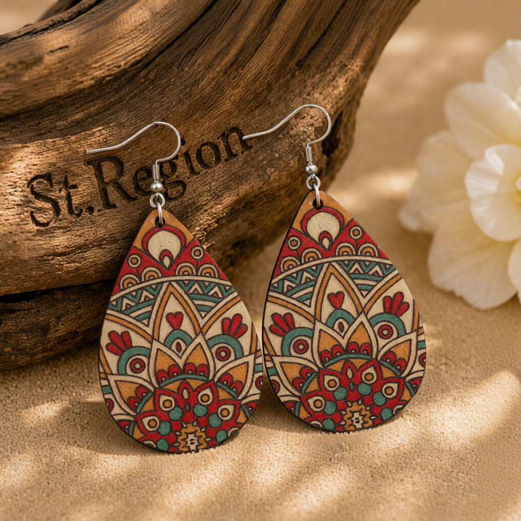 Red Wood & Silver-Plated Botanical Wood Drop Earrings