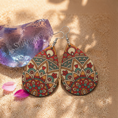 Red Wood & Silver-Plated Botanical Wood Drop Earrings