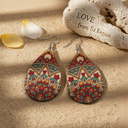 Red Wood & Silver-Plated Botanical Wood Drop Earrings