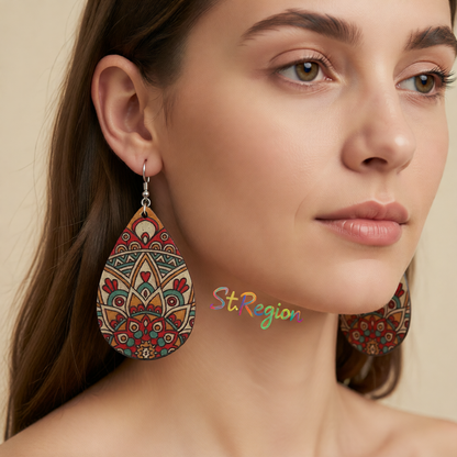 Red Wood & Silver-Plated Botanical Wood Drop Earrings