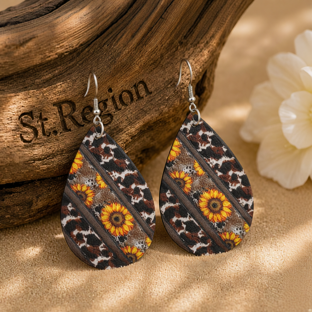 Black & Yellow Cow-Print & Sunflower Drop Earrings