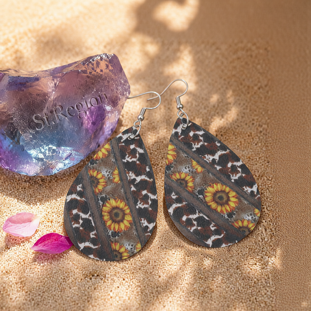 Black & Yellow Cow-Print & Sunflower Drop Earrings