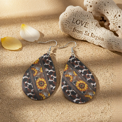 Black & Yellow Cow-Print & Sunflower Drop Earrings
