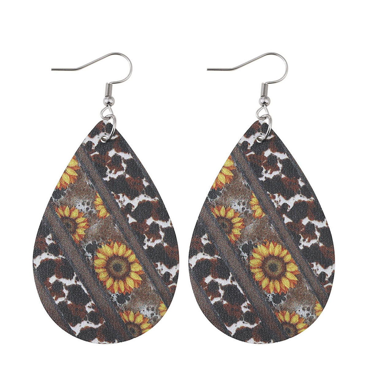 Black & Yellow Cow-Print & Sunflower Drop Earrings