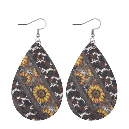 Black & Yellow Cow-Print & Sunflower Drop Earrings