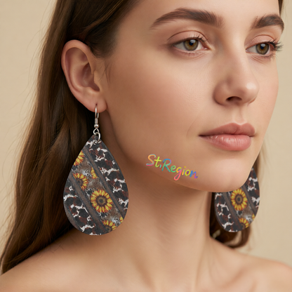 Black & Yellow Cow-Print & Sunflower Drop Earrings