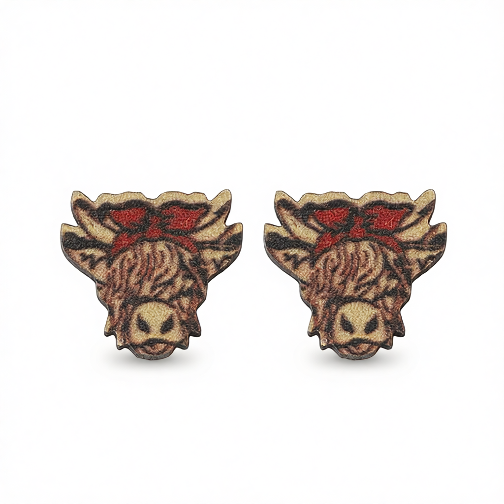 Brown & Red Bandanna Cow Stud Earrings