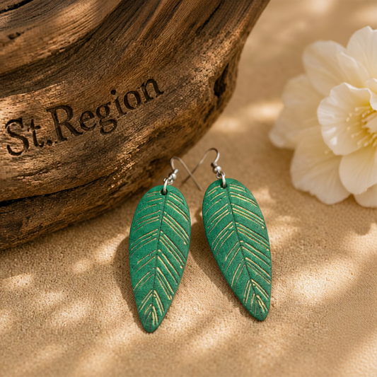 Green Wood & Silver-Plated Textured Leaf Drop Earrings