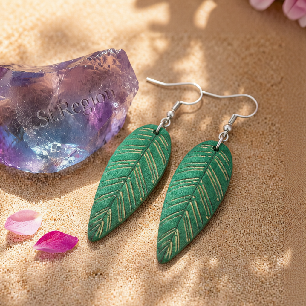 Green Wood & Silver-Plated Textured Leaf Drop Earrings