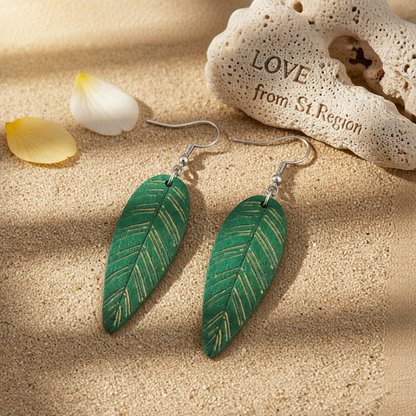 Green Wood & Silver-Plated Textured Leaf Drop Earrings