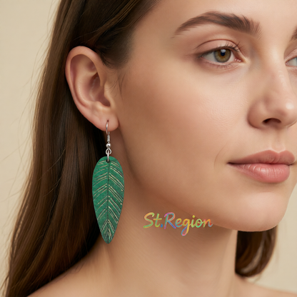 Green Wood & Silver-Plated Textured Leaf Drop Earrings