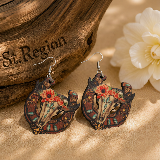 Orange & Brown Horseshoe & Floral Cow Skull Drop Earrings