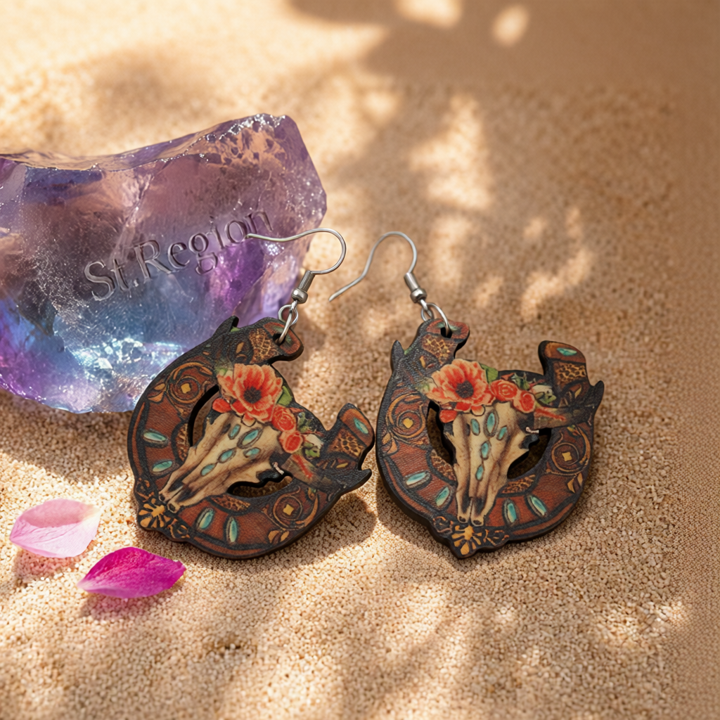 Orange & Brown Horseshoe & Floral Cow Skull Drop Earrings