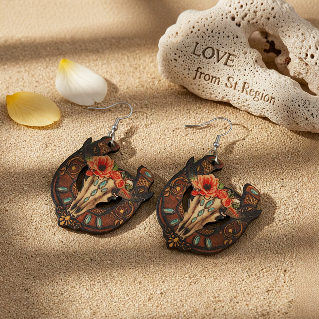 Orange & Brown Horseshoe & Floral Cow Skull Drop Earrings
