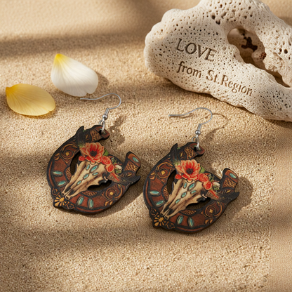 Orange & Brown Horseshoe & Floral Cow Skull Drop Earrings
