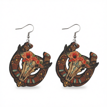 Orange & Brown Horseshoe & Floral Cow Skull Drop Earrings