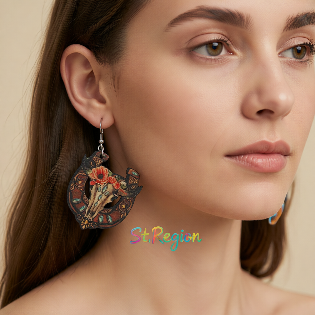 Orange & Brown Horseshoe & Floral Cow Skull Drop Earrings