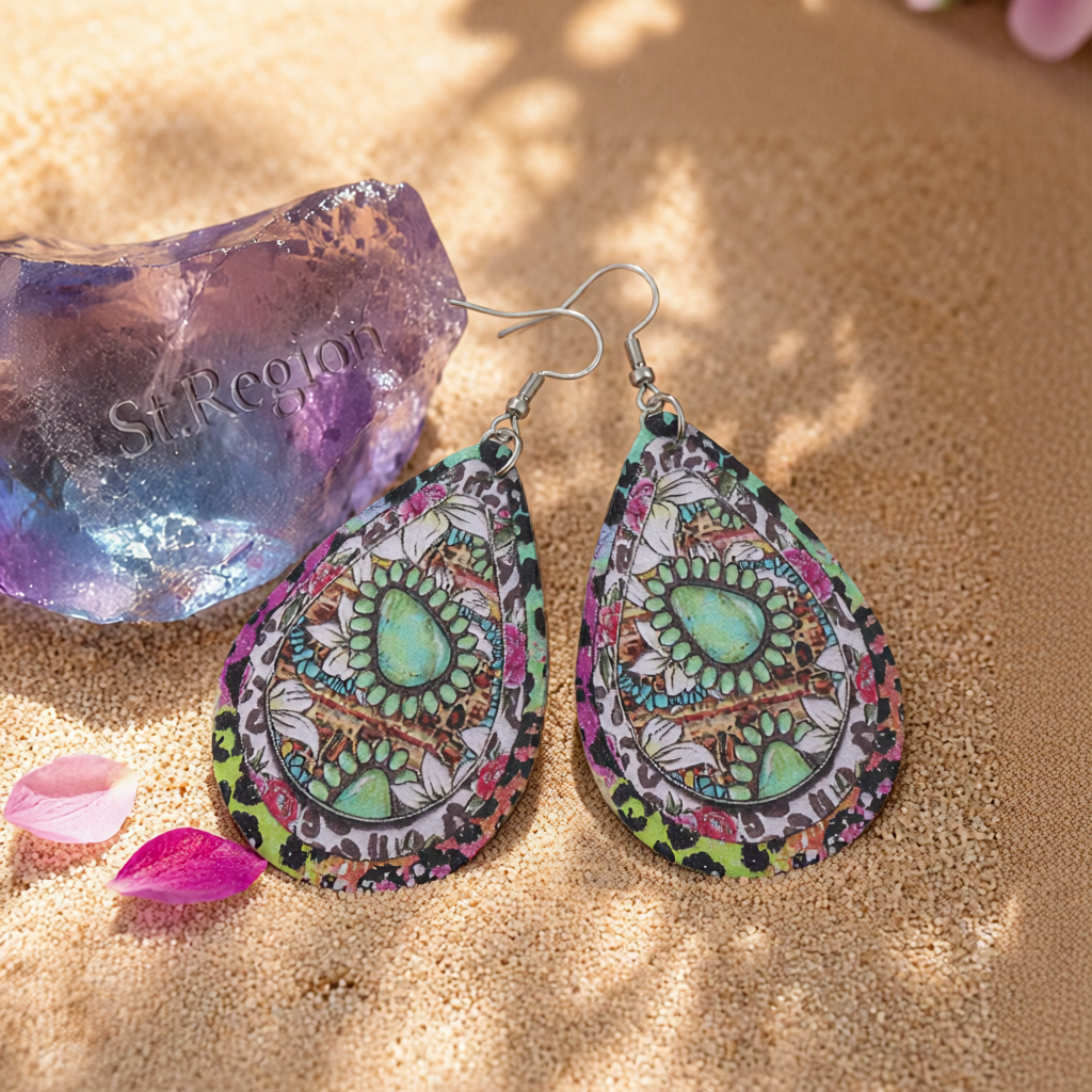Pink Polystyrene & Silver-Plated Leopard Botanical Drop Earring