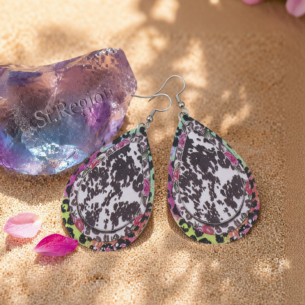Pink Polystyrene & Silver-Plated Leopard Abstract Drop Earring