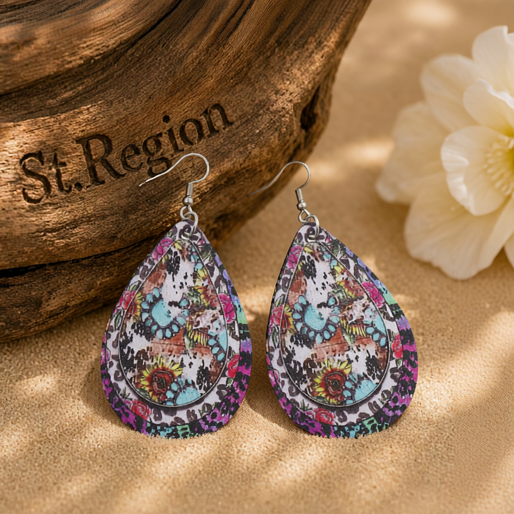 Pink Polystyrene & Silver-Plated Leopard Sunflower Teardrop Earrings