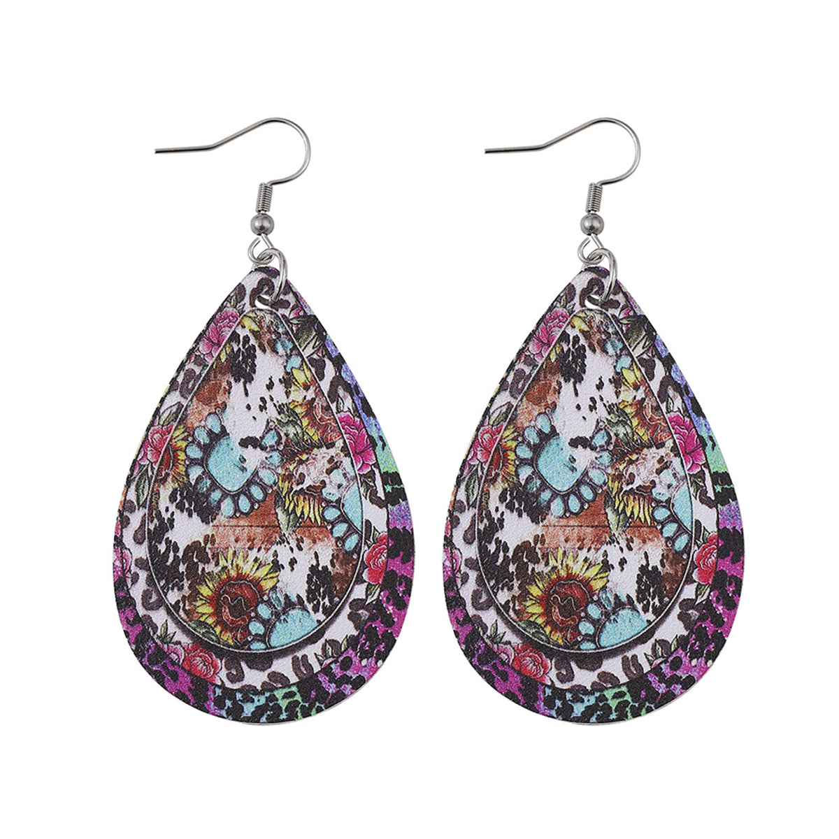 Pink Polystyrene & Silver-Plated Leopard Sunflower Teardrop Earrings