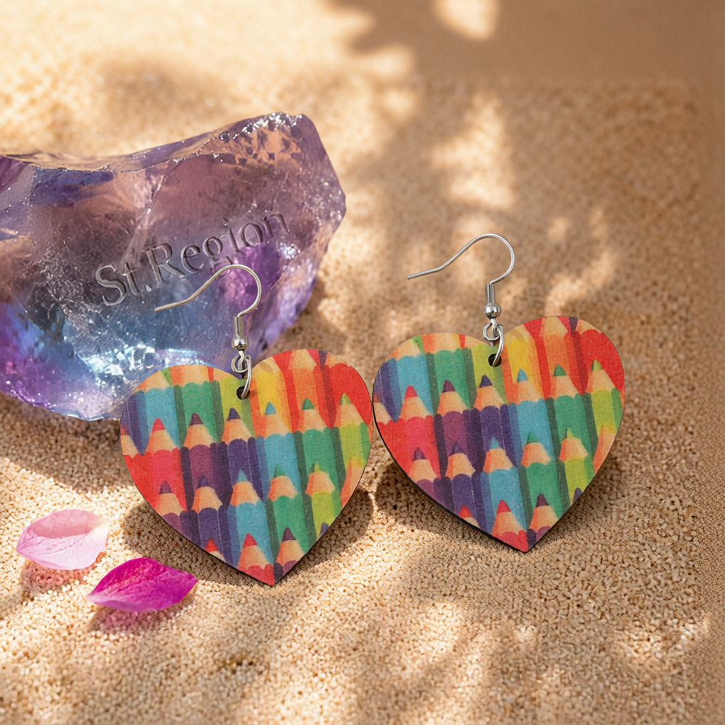 Red & Blue Pencil Heart Drop Earrings