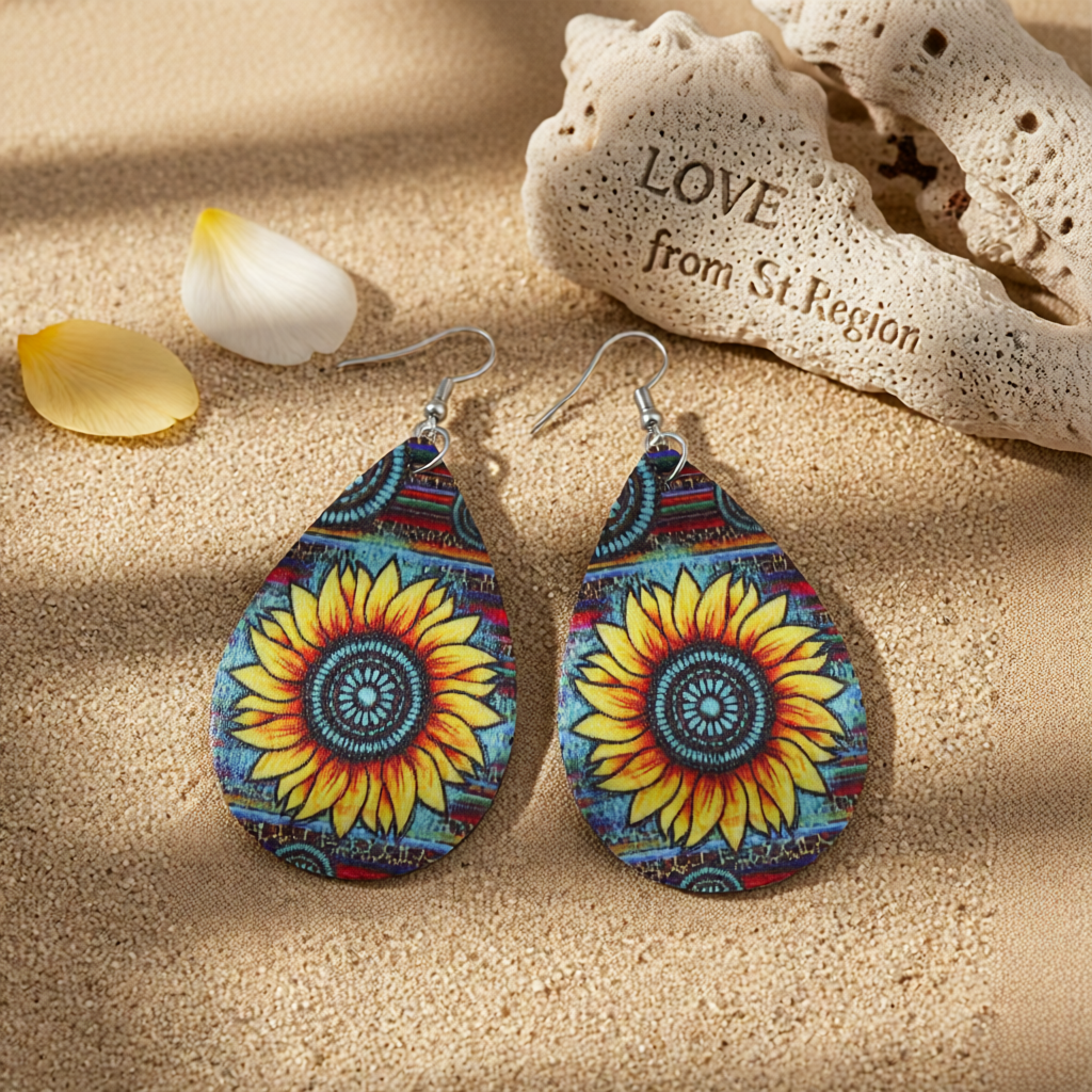 Yellow Polystyrene & Silver-Plated Sunflower Teardrop Earrings