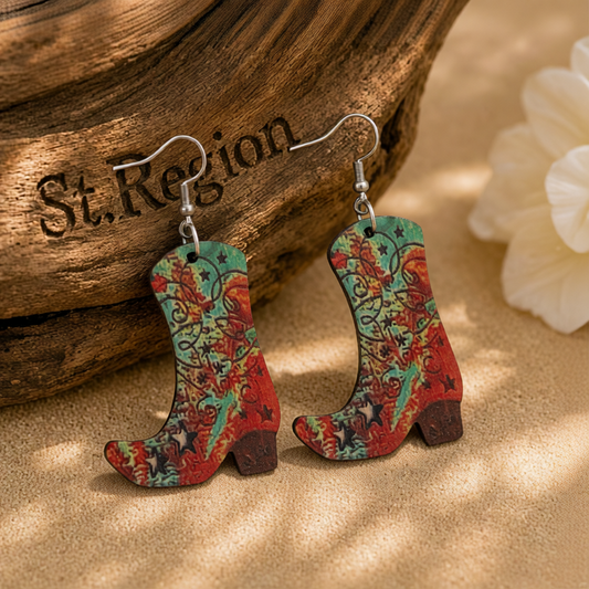 Red Wood & Silver-Plated Star Cowgirl Boot Drop Earring