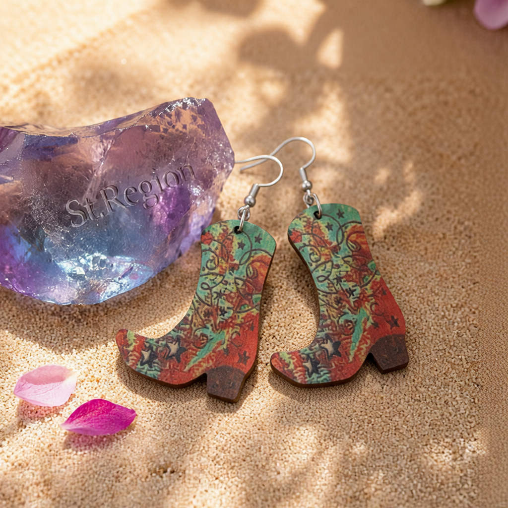 Red Wood & Silver-Plated Star Cowgirl Boot Drop Earring