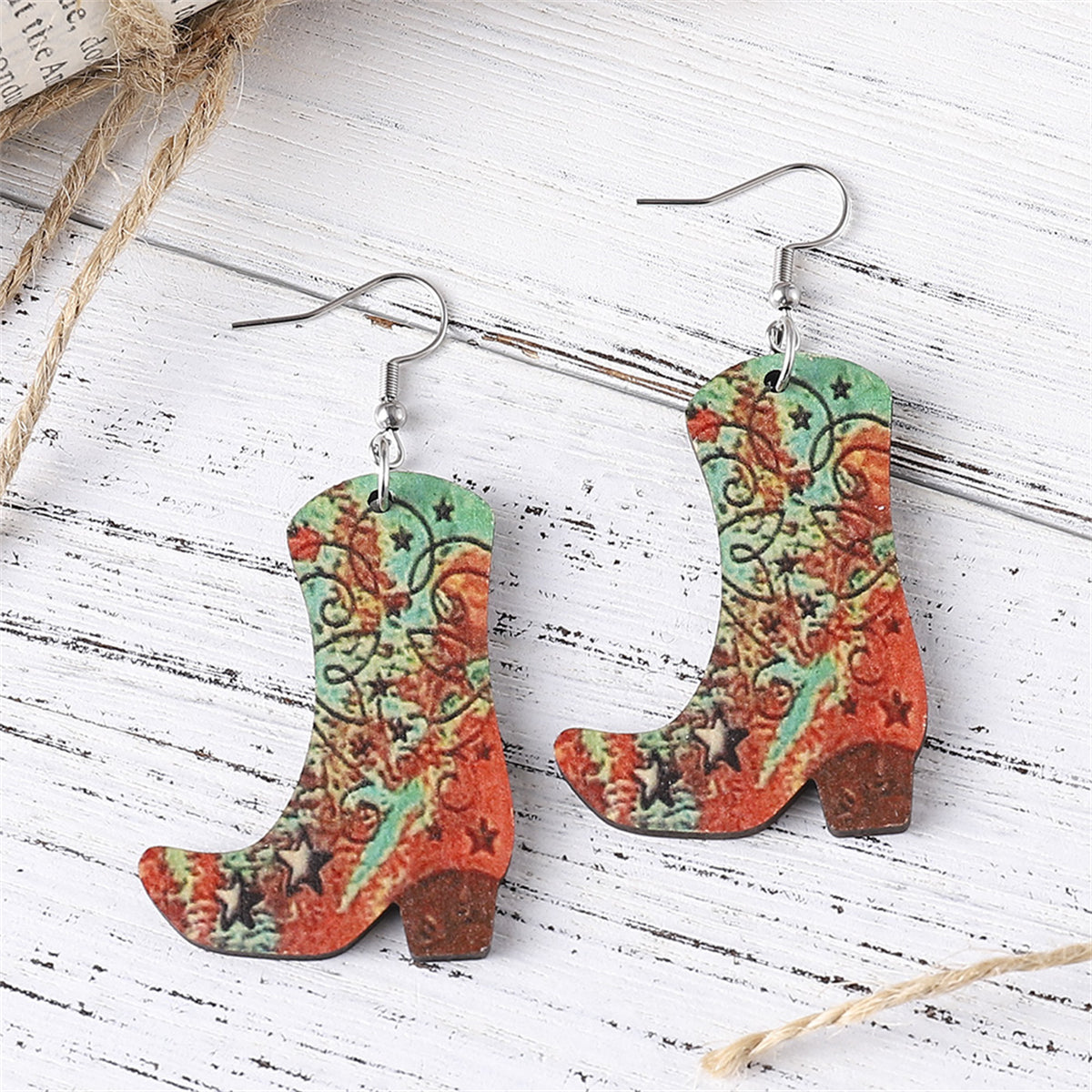 Red Wood & Silver-Plated Star Cowgirl Boot Drop Earring