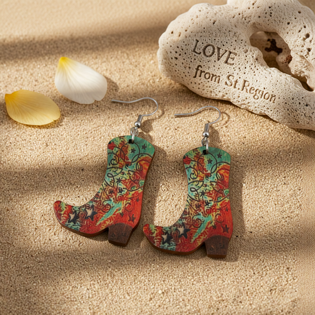 Red Wood & Silver-Plated Star Cowgirl Boot Drop Earring