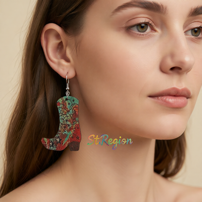 Red Wood & Silver-Plated Star Cowgirl Boot Drop Earring