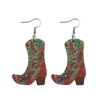 Red Wood & Silver-Plated Star Cowgirl Boot Drop Earring