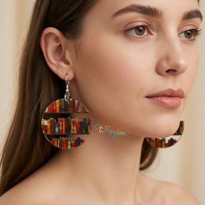 Red & Yellow Bookcase Round Drop Earrings