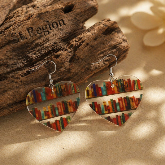 Red & Yellow Bookcase Heart Drop Earrings