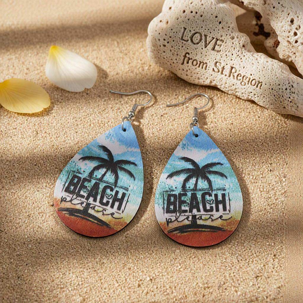 Blue & Orange 'Beach Please' Palm Tree Drop Earrings