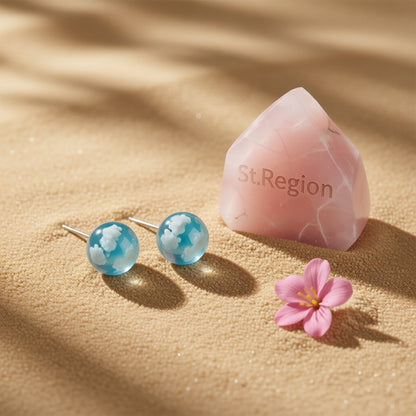 Blue and White Cloud Ball Stud Earrings, stud earrings for women, vintage-inspired design, detail close-up