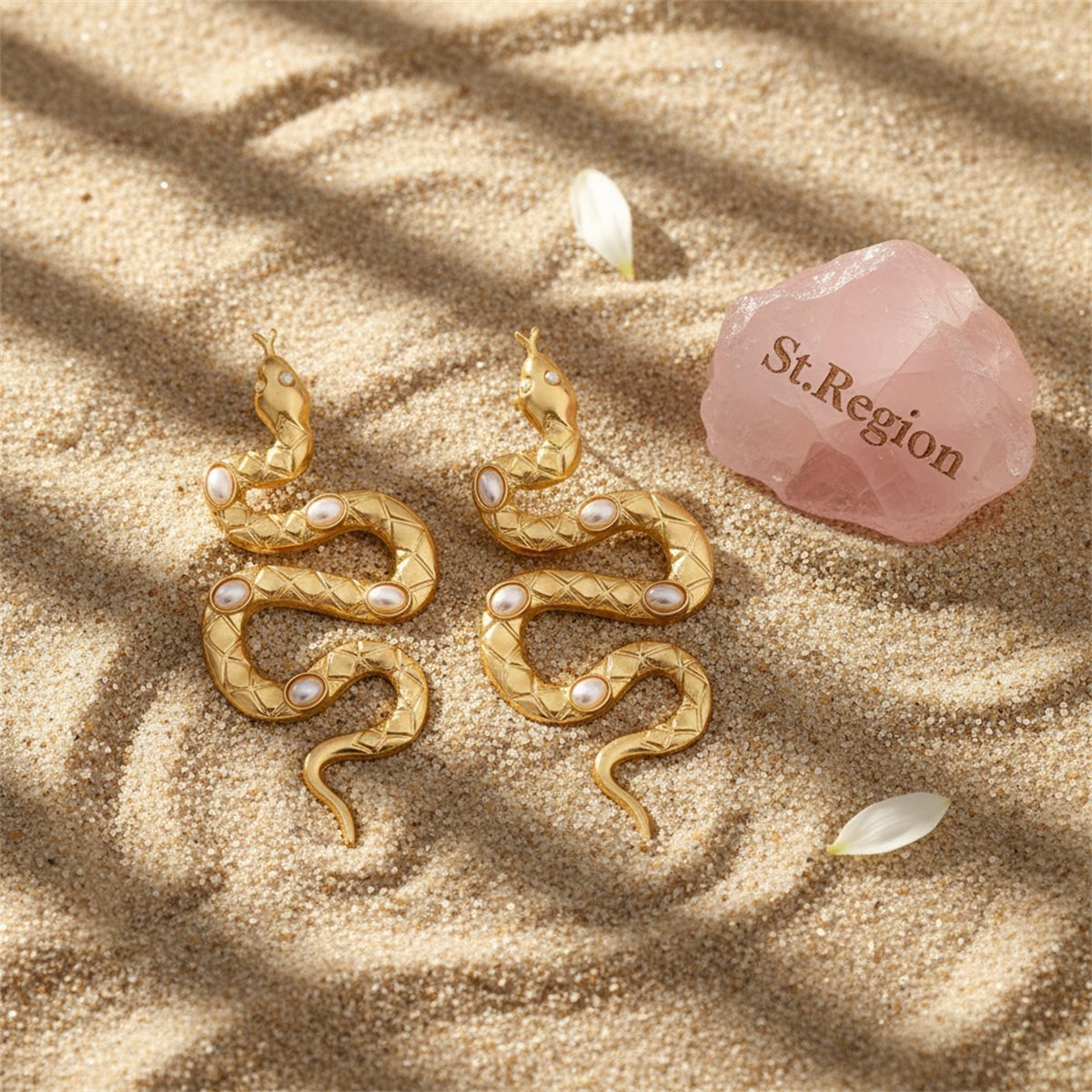 Pearl and 18K Gold-Plated Snake Drop Earrings, gold drop earrings for women, botanical inspired, detail close-up