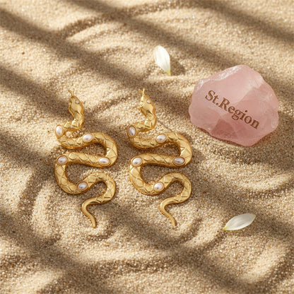 Pearl and 18K Gold-Plated Snake Drop Earrings, gold drop earrings for women, botanical inspired, detail close-up