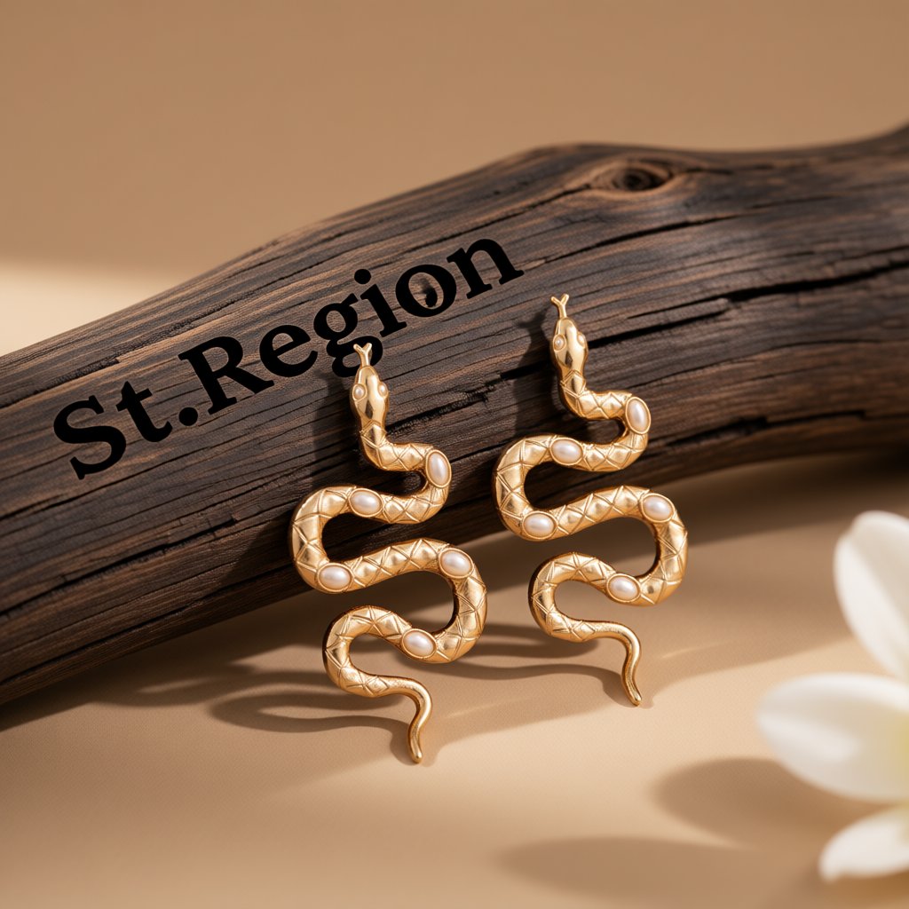 Pearl and 18K Gold-Plated Snake Drop Earrings, gold drop earrings for women, botanical inspired, front view