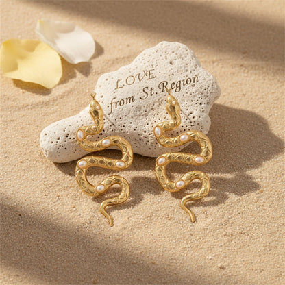 Pearl and 18K Gold-Plated Snake Drop Earrings, gold drop earrings for women, botanical inspired, lifestyle look
