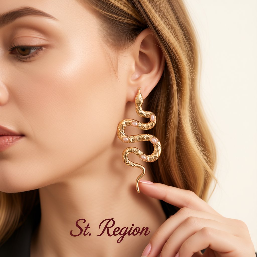 Pearl and 18K Gold-Plated Snake Drop Earrings, gold drop earrings for women, botanical inspired, styled look