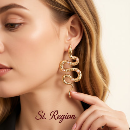 Pearl and 18K Gold-Plated Snake Drop Earrings, gold drop earrings for women, botanical inspired, styled look