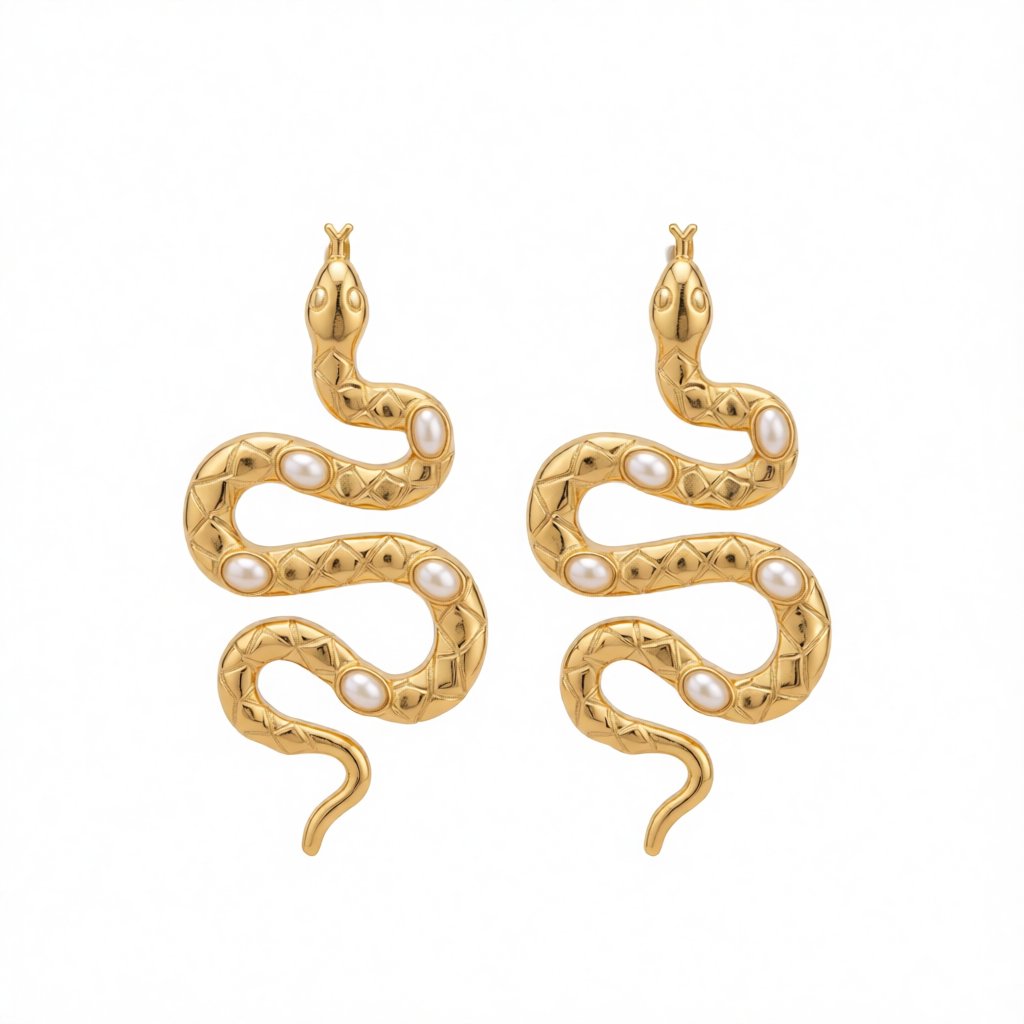 Pearl and 18K Gold-Plated Snake Drop Earrings, gold drop earrings for women, botanical inspired, side view