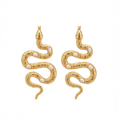 Pearl and 18K Gold-Plated Snake Drop Earrings, gold drop earrings for women, botanical inspired, side view