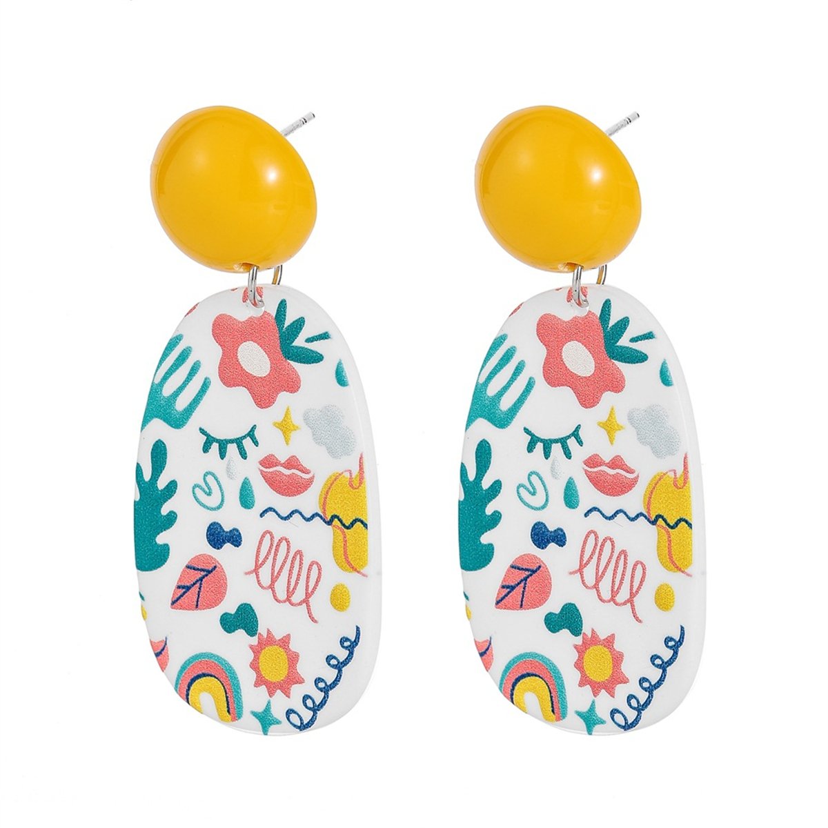 Yellow and Teal Botanical Oval Drop Earrings, drop earrings for women, dainty minimalist design, side view